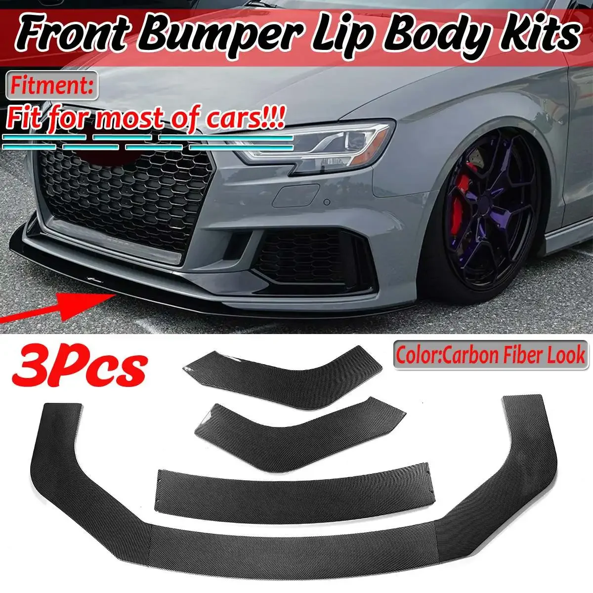 3X Fibra Di Carbonio Look Universale Auto Labbro Anteriore Paraurti Splitter Spoiler Guard Per Audi A3 A4 A5 A6 A7 A7 A8 Q3 Q5 Q7 Rs5 Body Kit