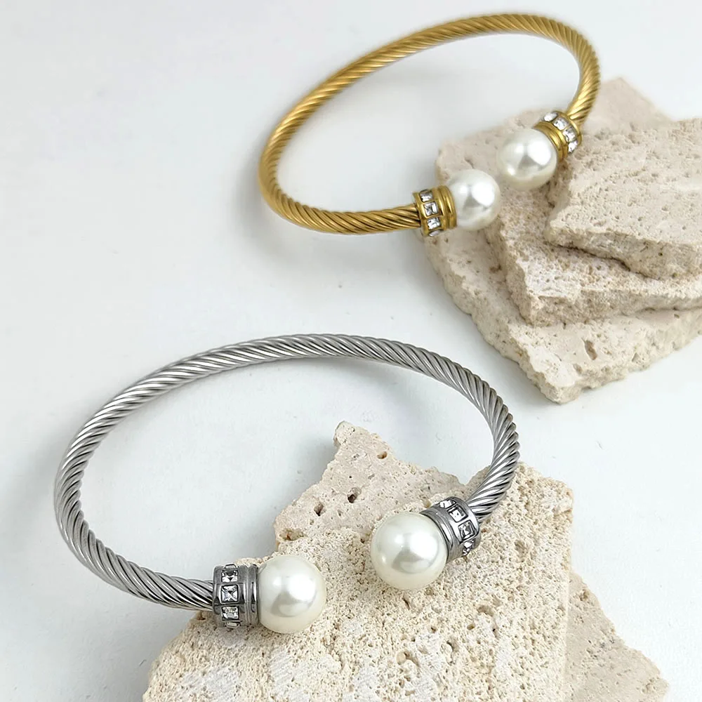New style wire twisted pearl stainless steel gold plated 18K bracelet, high quality waterproof silver jewelry, couple gift 3