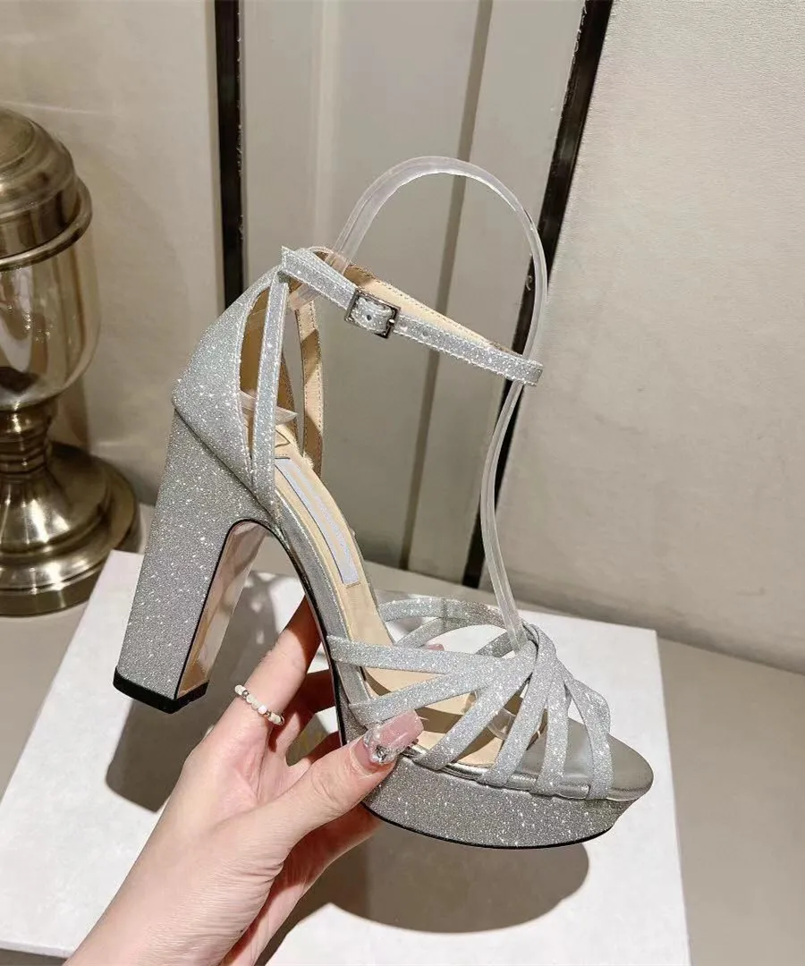 2023 Summer New Sequin Stripe Ultra High Heel Women's Shoes Waterproof Platform Thick Heel Roman Open Toe Fish Mouth Sandals