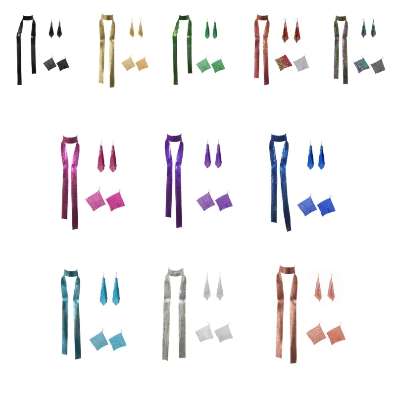 

Blingbling Scarf for Women Full Sequins Long Chain for Nightclub Proms Choker Earring Nightclub Cool Jewelry