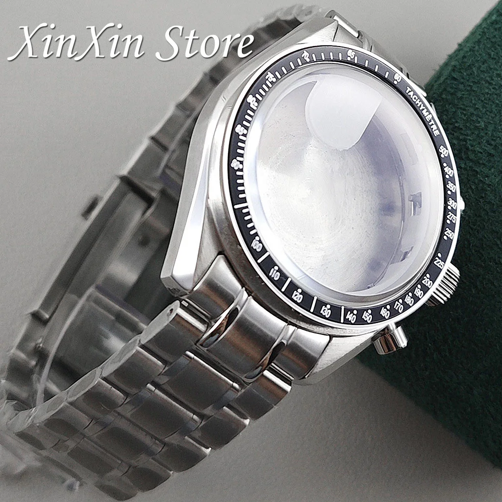 Men's 39.7mm Blue Bezel Watch Case with Moon Pattern Back and Chronograph Function for Quartz Movement, Fits 20mm Strap