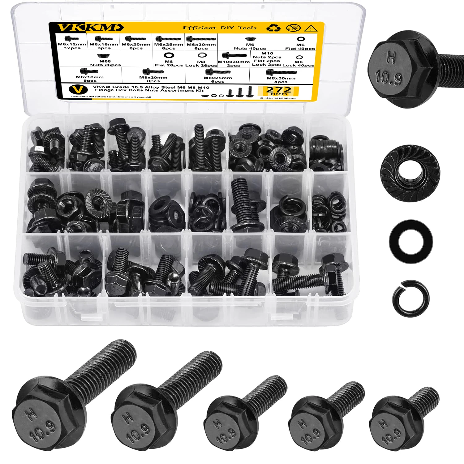 Screw Bolt Nut Set Hex Nuts Assortment Kit Auto Fasteners Assortment 272Pcs Flange Hex Bolts and Nuts Kit M6-M10 Alloy Steel Class 10.9 Black Zinc Plat