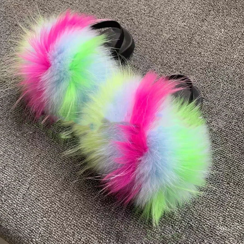 2024 New Children's Sandals Really Fox Fur Slippers Plush Really Raccoon Fur Children's Slippers Fashion EVA Girl Flat Bottom 5
