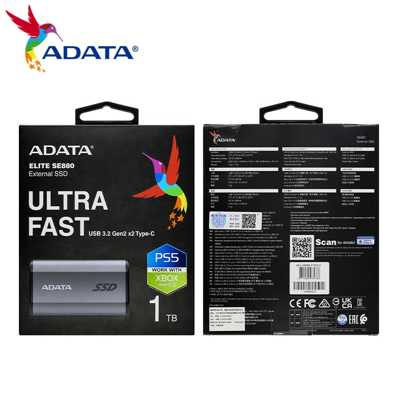 Original ADATA Elite SE880 External Portable SSD 1TB 500GB USB 3.2 Gen 2 x2 Type C Mobile Solid State Disk Storage Drive For PC