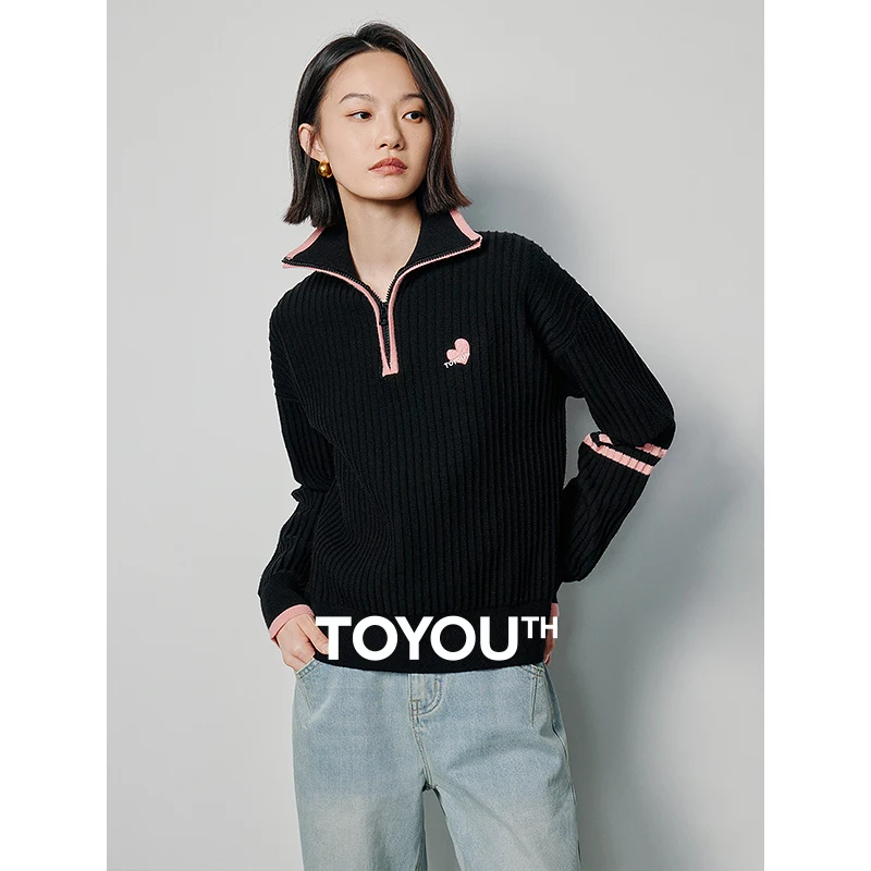 

Toyouth Women Sweater 2024 Spring Long Sleeve Half High Neck Zipper Loose Knitwear Contrast Color Fashion Casual Pullover