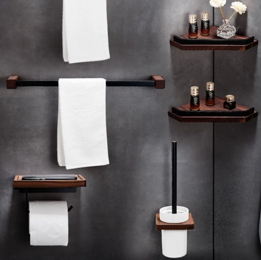 Bathroom Hardware Set, Black Wood Bath Accessories Wall Mounted Towel  Rack,Towel Bar,Toilet Brush,Towel Hooks,Paper Holder - AliExpress