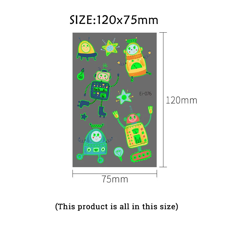 VeeCharm-Cartoon Robot Temporary Tattoo Stickers for Kids, Glow in The Dark, Party Supplies, Gifts, Fake Tattoos, 1/12 Sheet