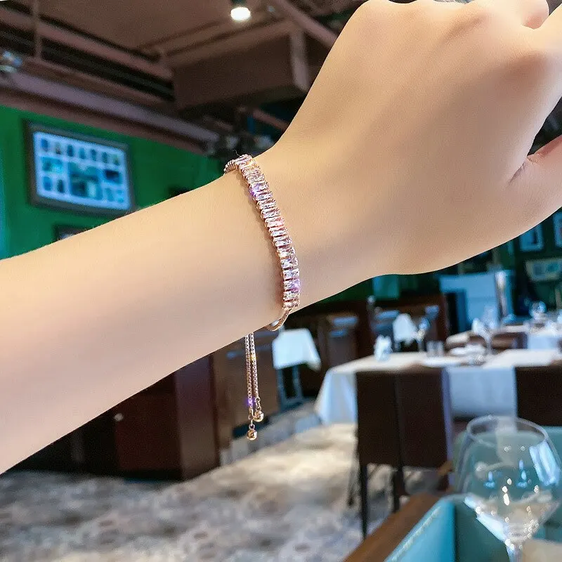 Sb765370912e042ce8adb94fddfde6f58G Adjustable Fashion Elegant Rectangle New Crystal Bracelet for Women White Gold Color Bangle Party Jewelry Mallzona