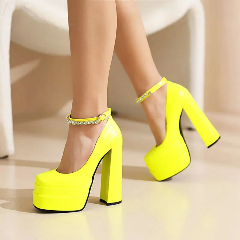 

Neon Bright Yellow Orange Green Block High Heels Sexy Ladies Shoes Platform Heels Ankle Crystal Strap Mary Janes Pumps Women