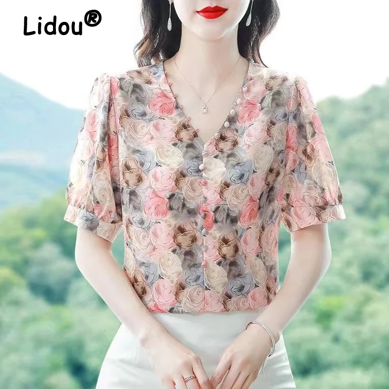 WomensClothing2023KoreanFashionFloralPrintedElegantBlousesSummerVNeckShortSleeve