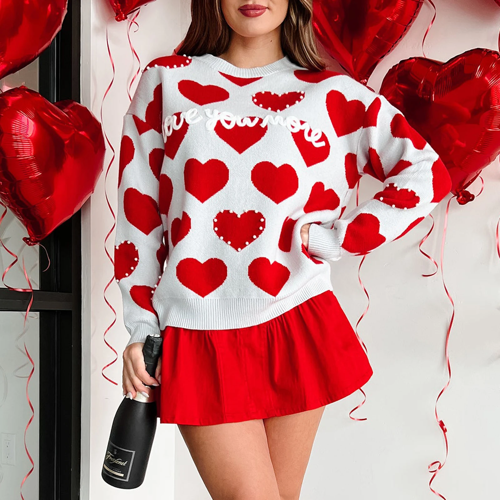

Valentine's Day Women's Heart Sweater Fuzzy Long Sleeve Round Neck Pullover Tops Female Fashion Casual Knitwear