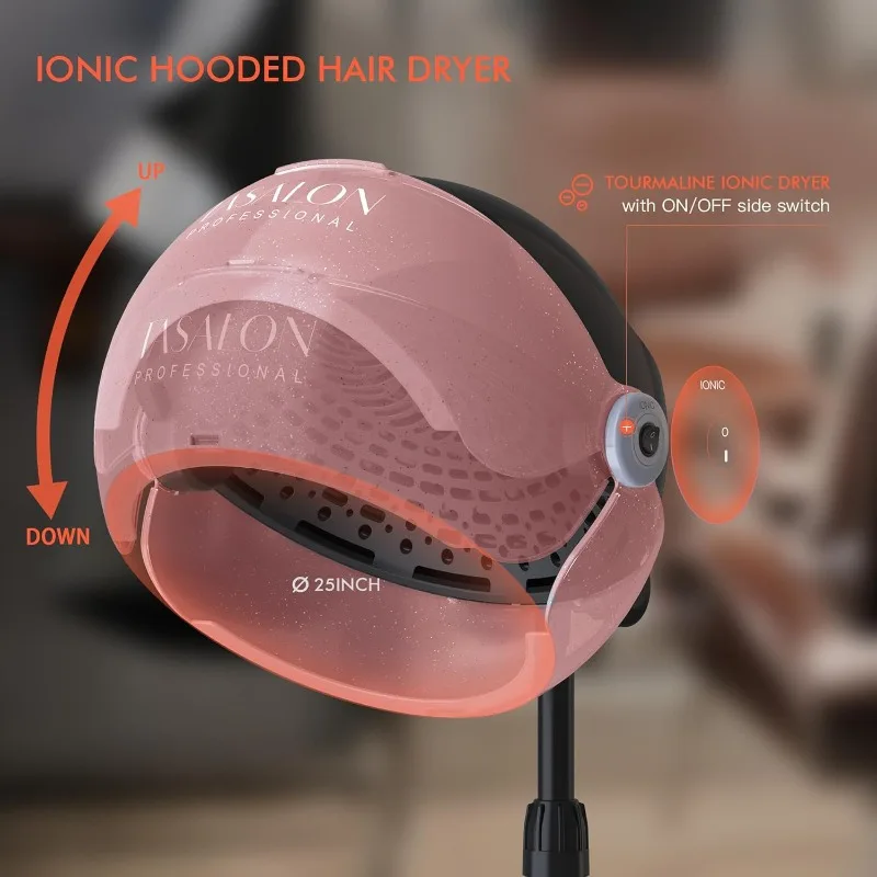 TASALON Ionic Hooded Hair Dryer, 1875W Professional Standing Hair Dryer Bonnet with 3 Temperature Settings,for Home & Salon,Pink 2