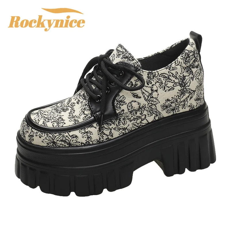 

Women Spring Embroider Chunky Sneakers New 2024 High Platform Breathable Casual Canvas Shoes 10CM Wedge Heels Sports Shoes Woman