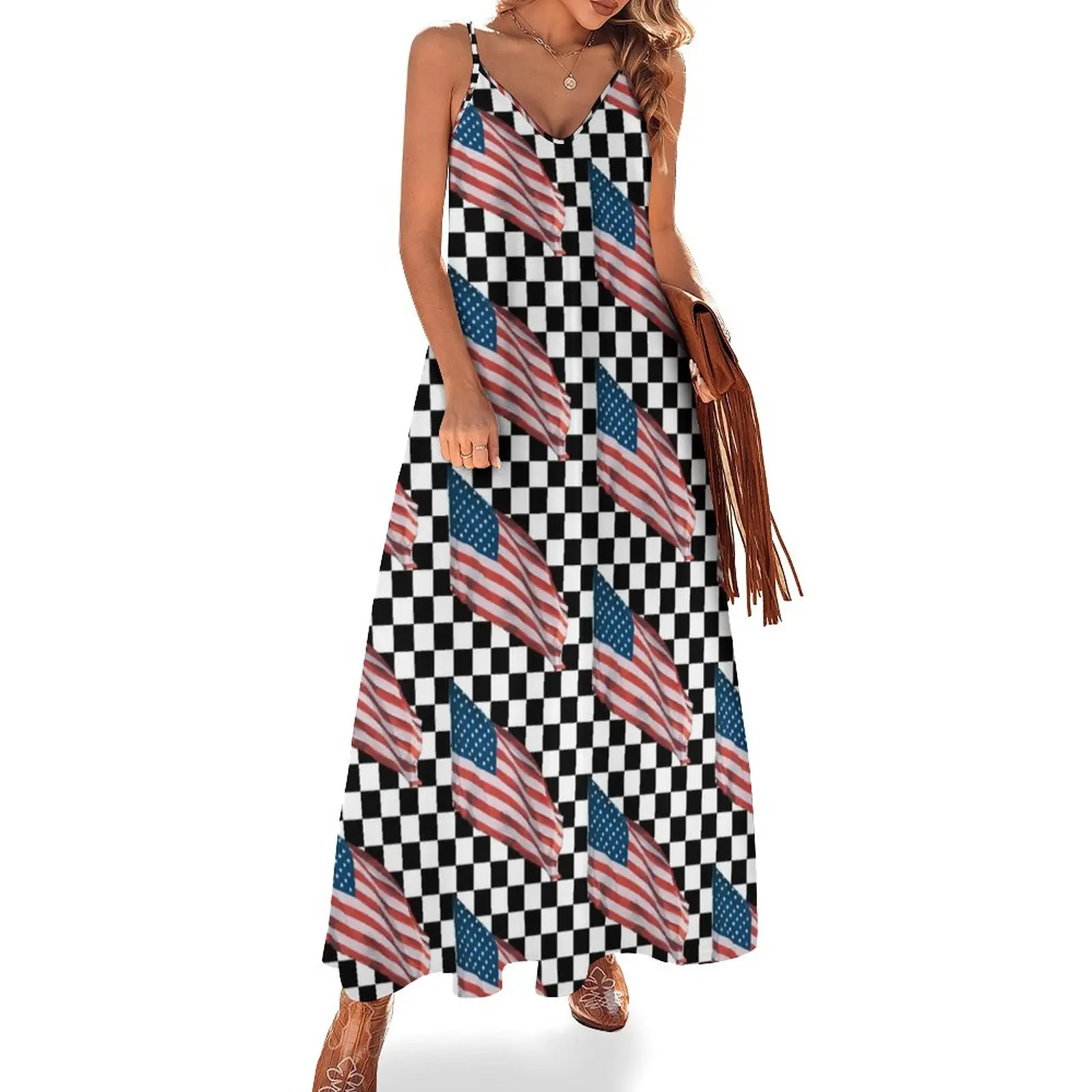 

American Flag on a Checkerboard Sleeveless Dress wedding dresses for parties loose summer dress dresses for prom