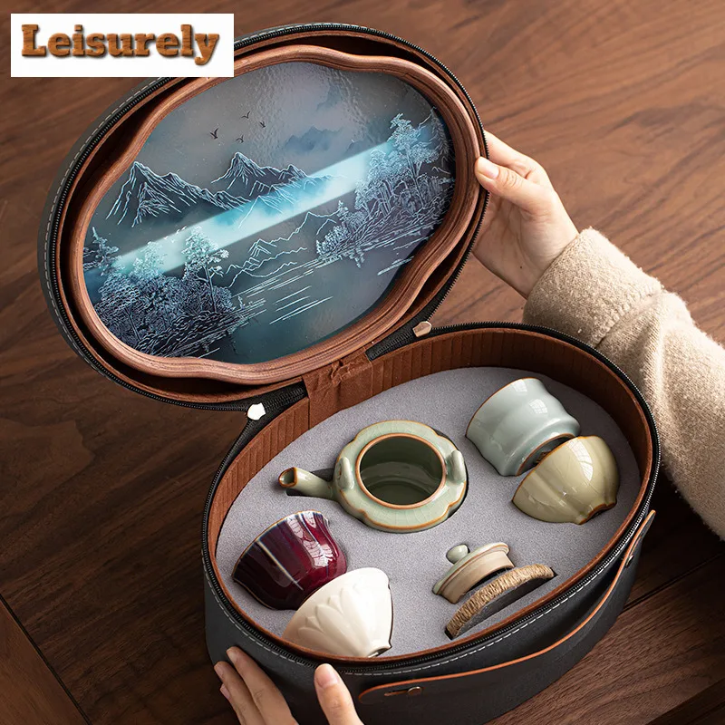 Five Famous Kilns Lifting Beam Pot Travel Tea Set Kit Aesthetic 1 Pot 4 Cups Tea Maker Organizer Portable Camping Handbag Cafes