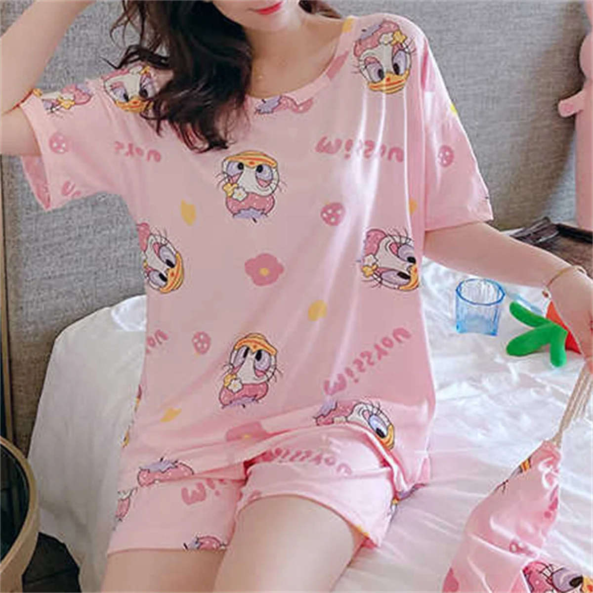 Summer Home Clothes Set hibobi Women Summer Loose Plus Size Sweet And Cute Short-Sleeved Shorts Can Be Worn Outside Korean Style Home Clothes Set