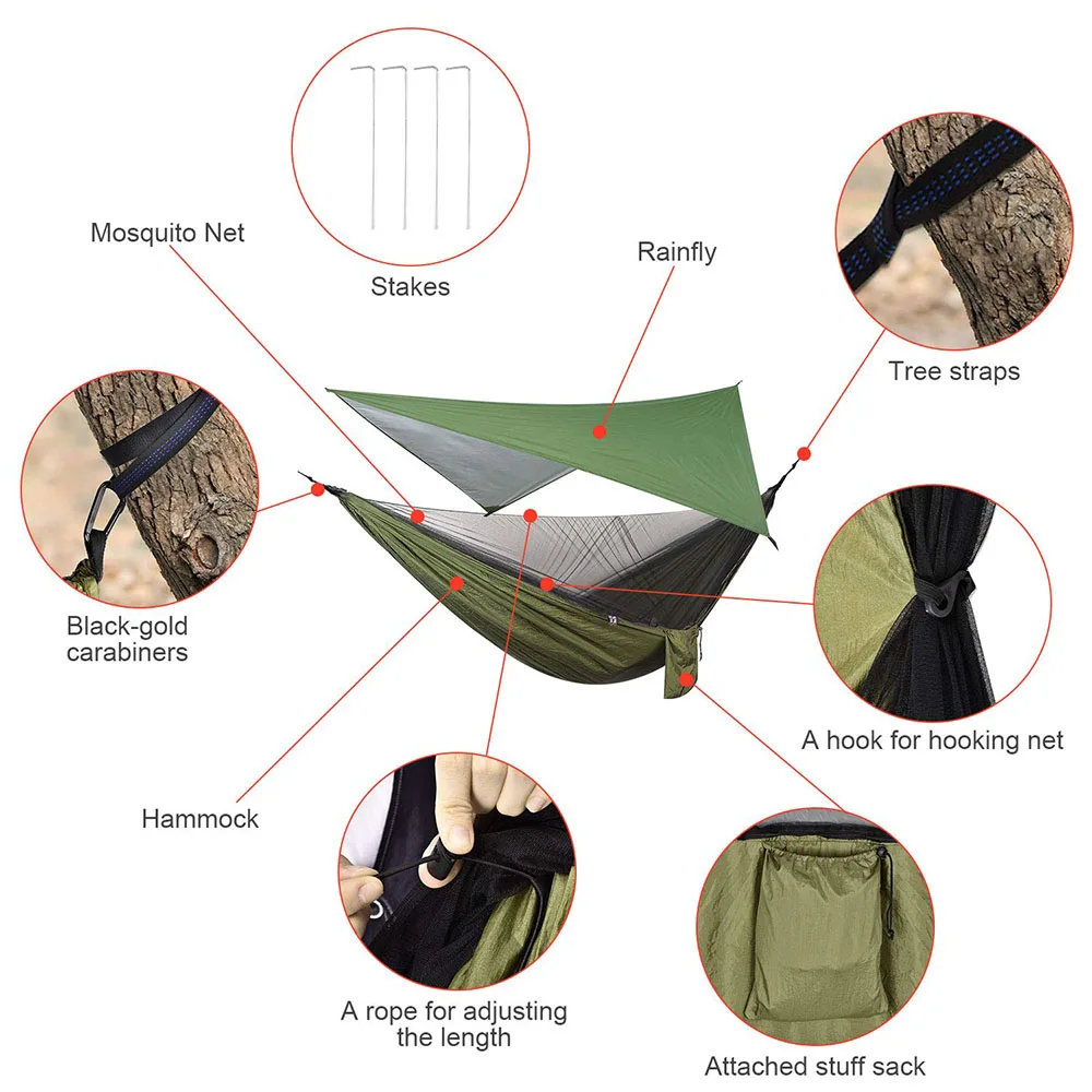 Camping Hammock with Rain Fly Tarp and Mosquito Net Tent Tree Straps Portable Single Double Nylon Parachute Hammock for Travel camping hammock