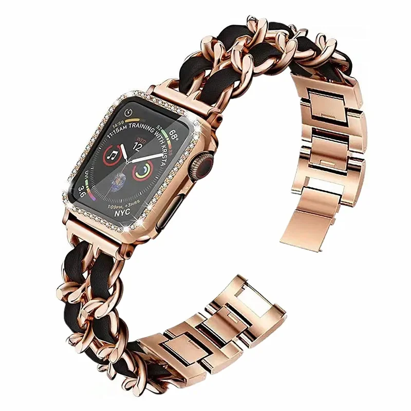 Metal＋leather strap+case For Apple Watch Band 45mm 41mm 44mm 40mm 42mm 38mm Bracelet Belt iWatch 9 8 7 6 5 4 SE stainless steel