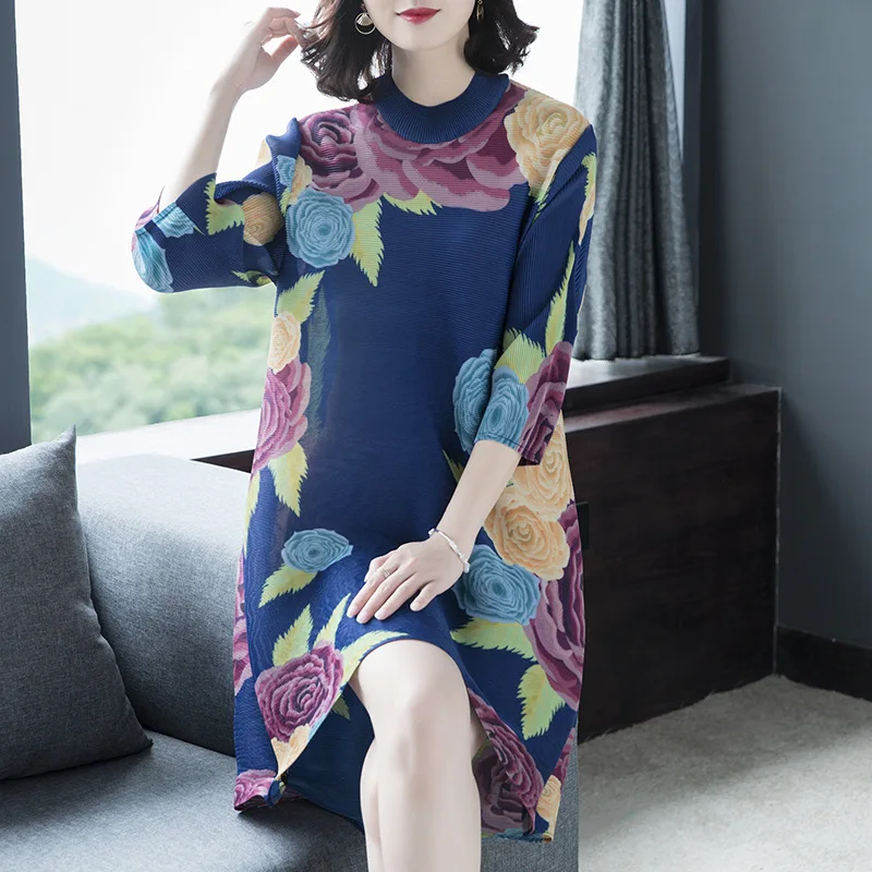 

2024 New Loose Dress Women's Spring and Autumn Standing Neck Printed Mid length long dresses for women
