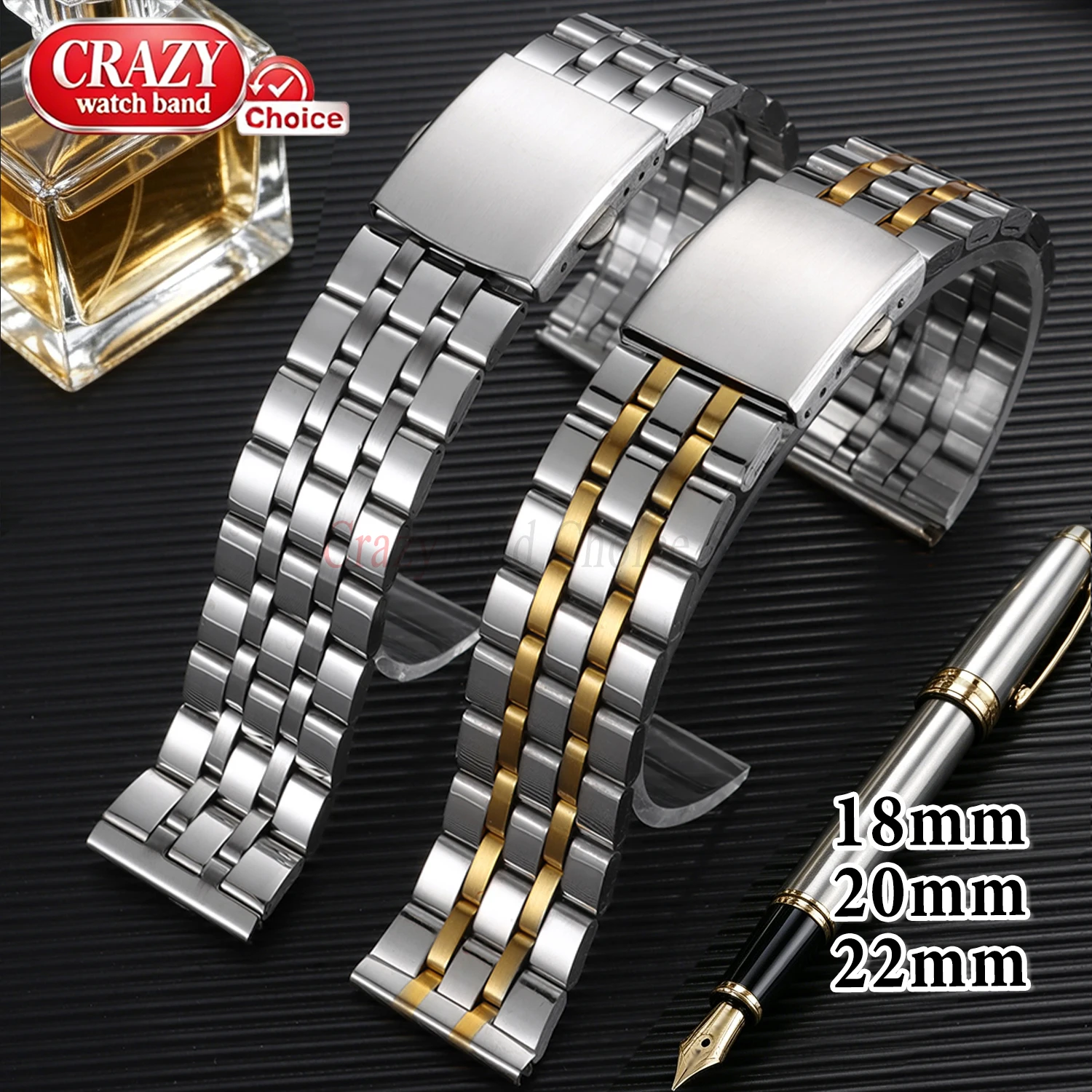 Silver Stainless Steel Watch Band with Folding Buckle and Tools - Elegant Metal Strap