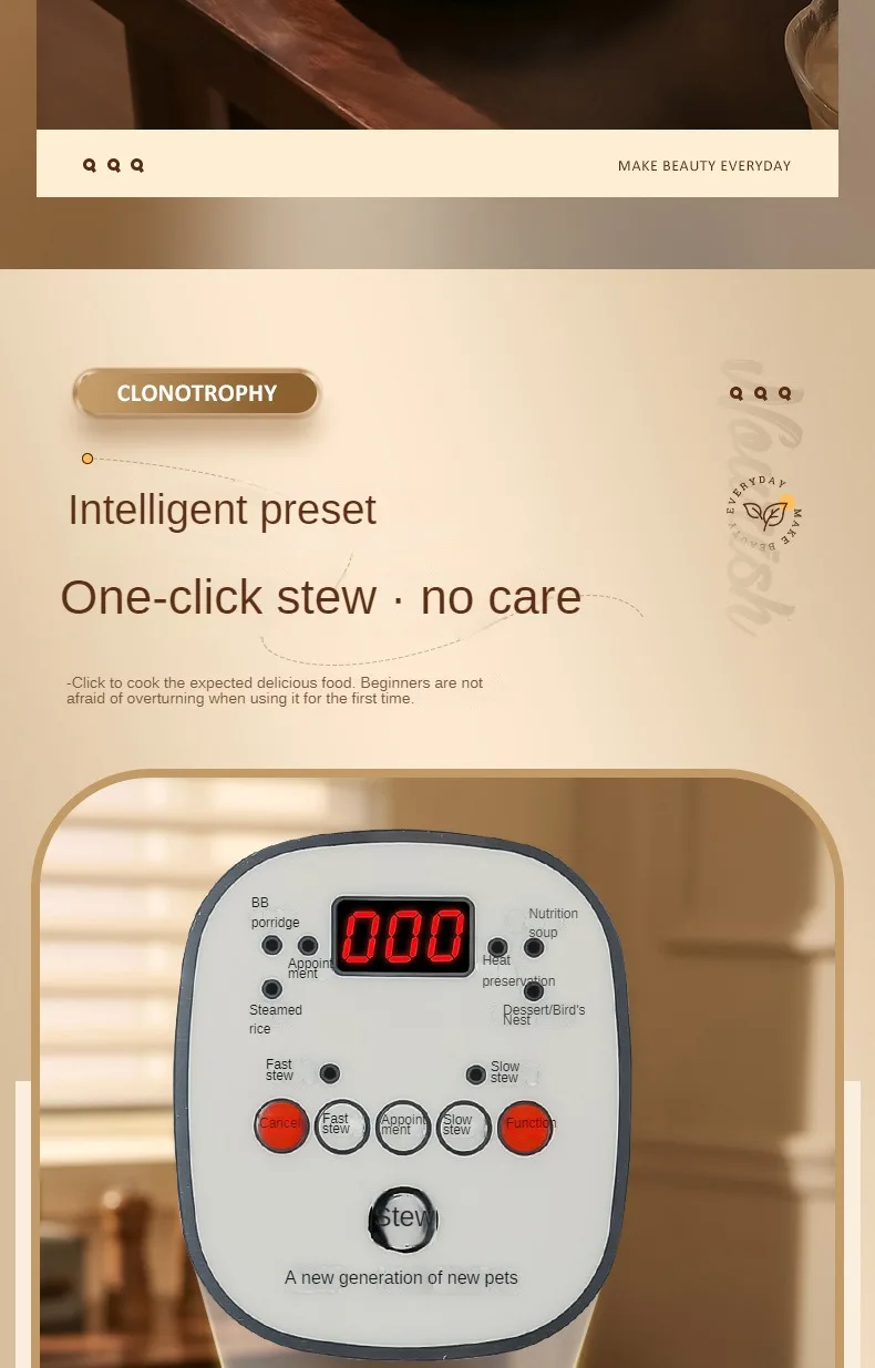 Stewer elétrico lento, Stewing Pot doméstico, 220V, 1800ml