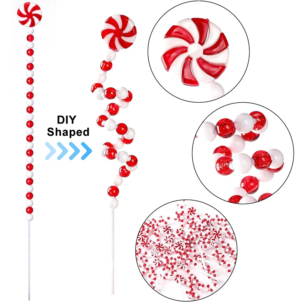 Christmas Tree Decoration Red/White Candy Bells Beads Curly Pick Branch Xmas Ornaments Garland Vase Decor Home Office Party Gift Christmas Decorations