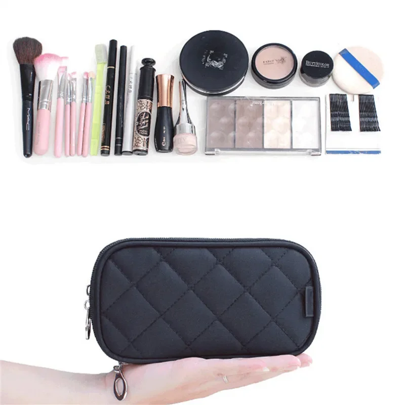 Women's Mirror Mini Cosmetic Bag Simple Waterproof Storage Box Black Double Layer Lingge Make Up Brush Beauty Organizer Supplies 2