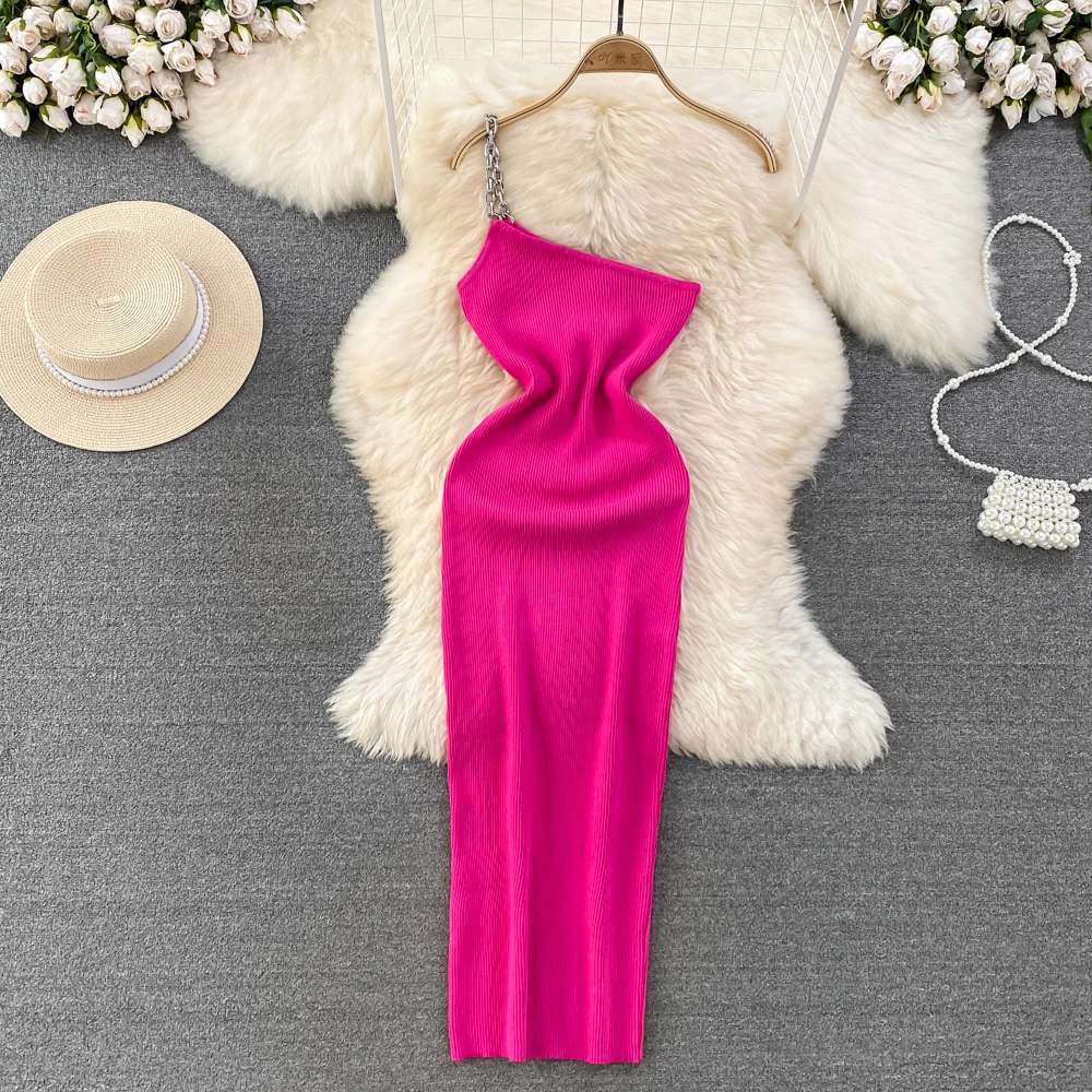 

Summer New Fashion Pure Desire Wind Slanted Collar Off-shoulder Knitted Suspender Dress Feminine Tight and Thin Bag Hip Skirt