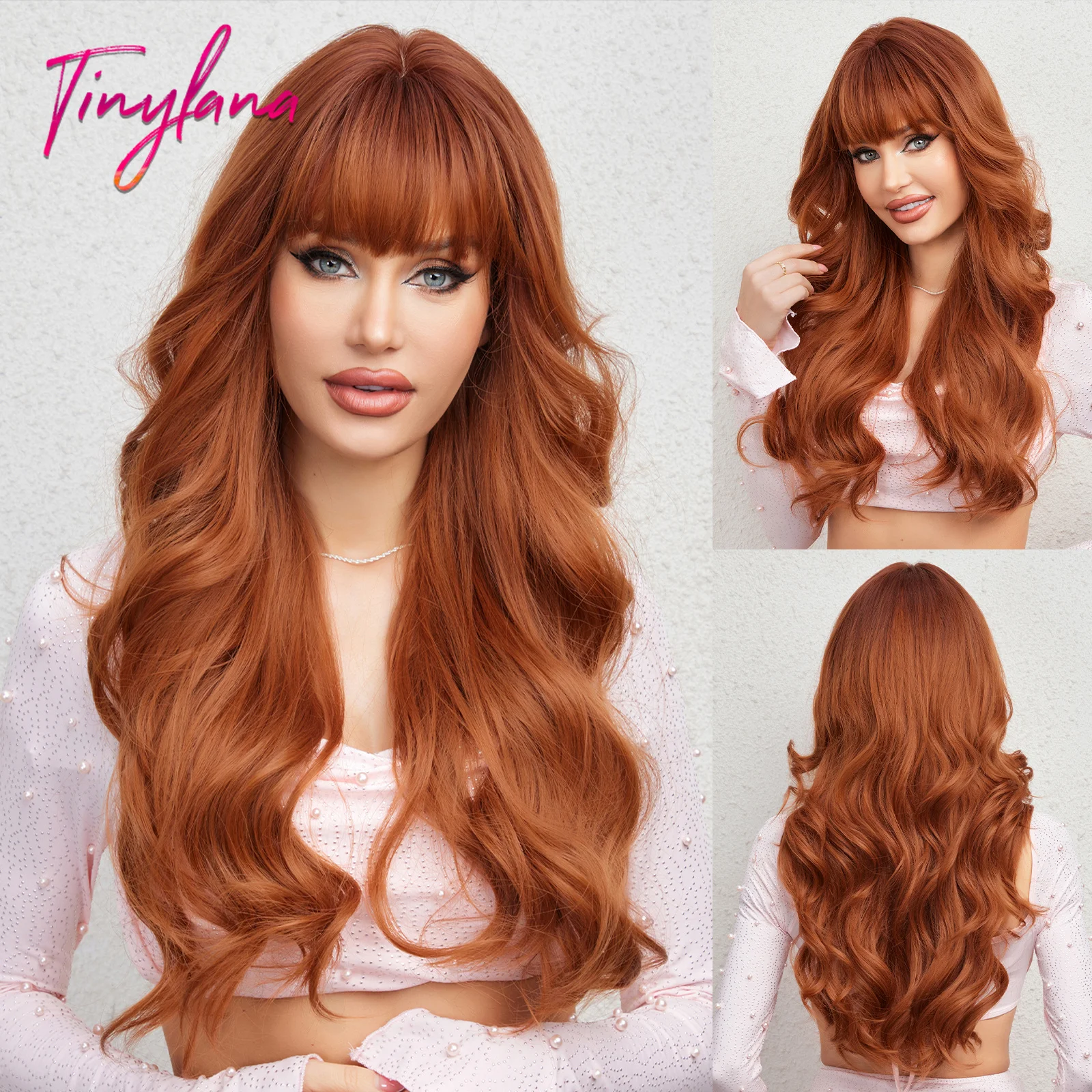 Long Wavy Orange Brown Synthetic Wigs with Bangs Copper Ginger Cosplay Wig Afro Body Wave Natural Hair Heat Resistant