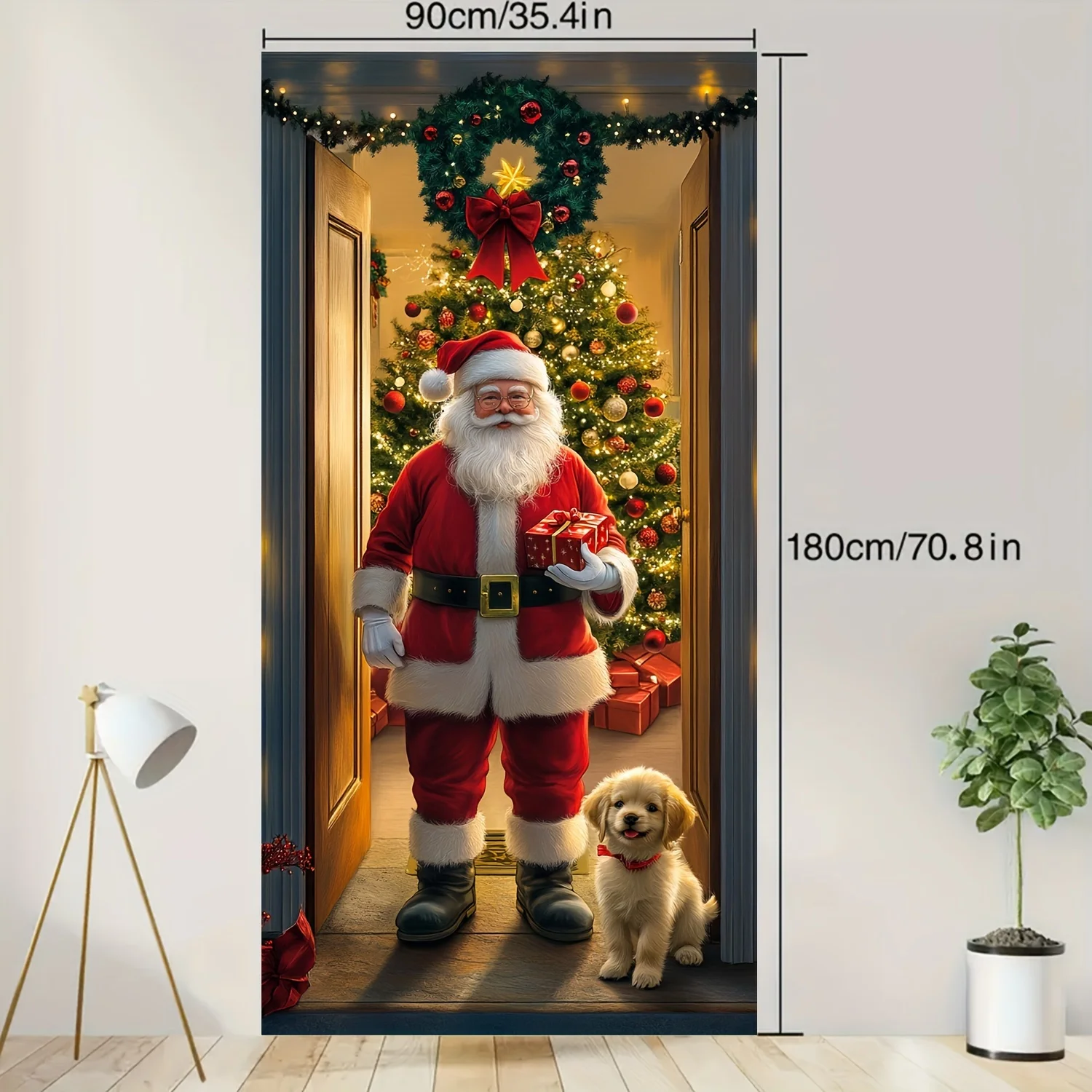 Santa Claus & Christmas Tree Door Cover 35.4x70.8" Festive Holiday Decoration Hanging Entrance and Room