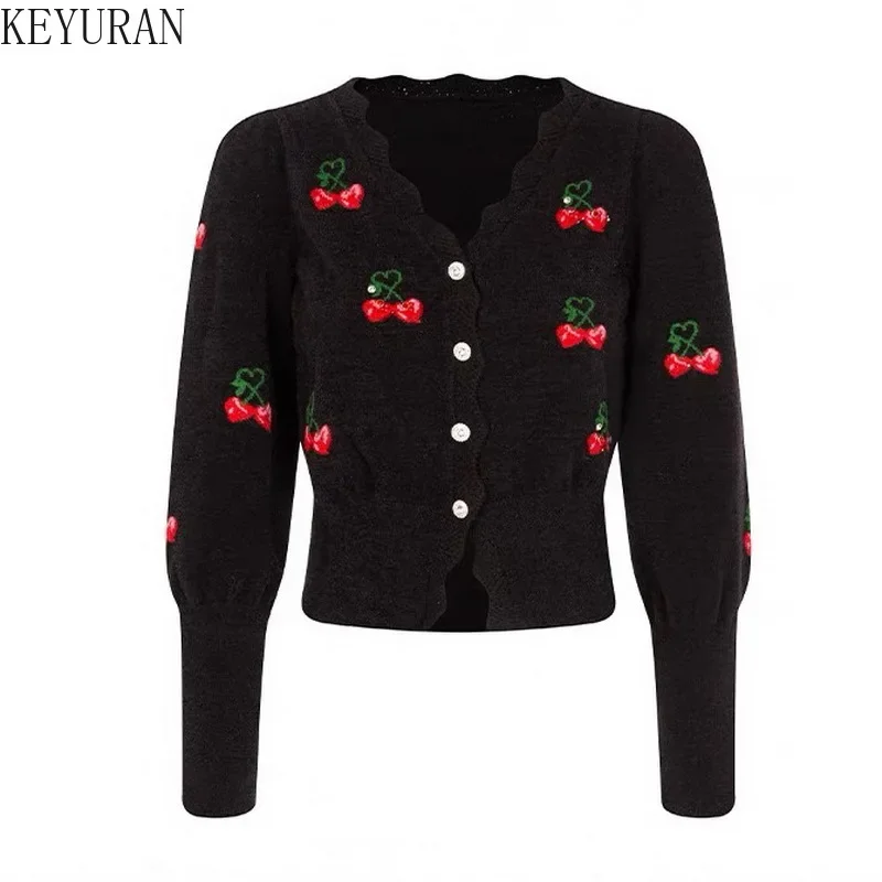 

Sweet Cherry Jacquard Sweater Women Vintage Cropped Cardigan Knitted Jackets Autumn Spring V-Neck Long Sleeve Tops Knitwear Coat