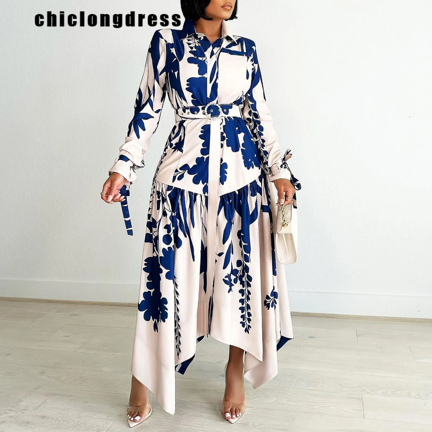 

Autumn Fashion Print Irregular A-line Dress Women Elegant OL Lapel Button Long Sleeve Belt A-line Dress Women