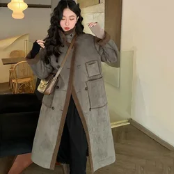 Autumn Winter Women Lapel Long Wool Jacket Women 2023 Thicken Warm Faux Fur Coat Female Suede Overcoat Vintage Patchwork Outwear