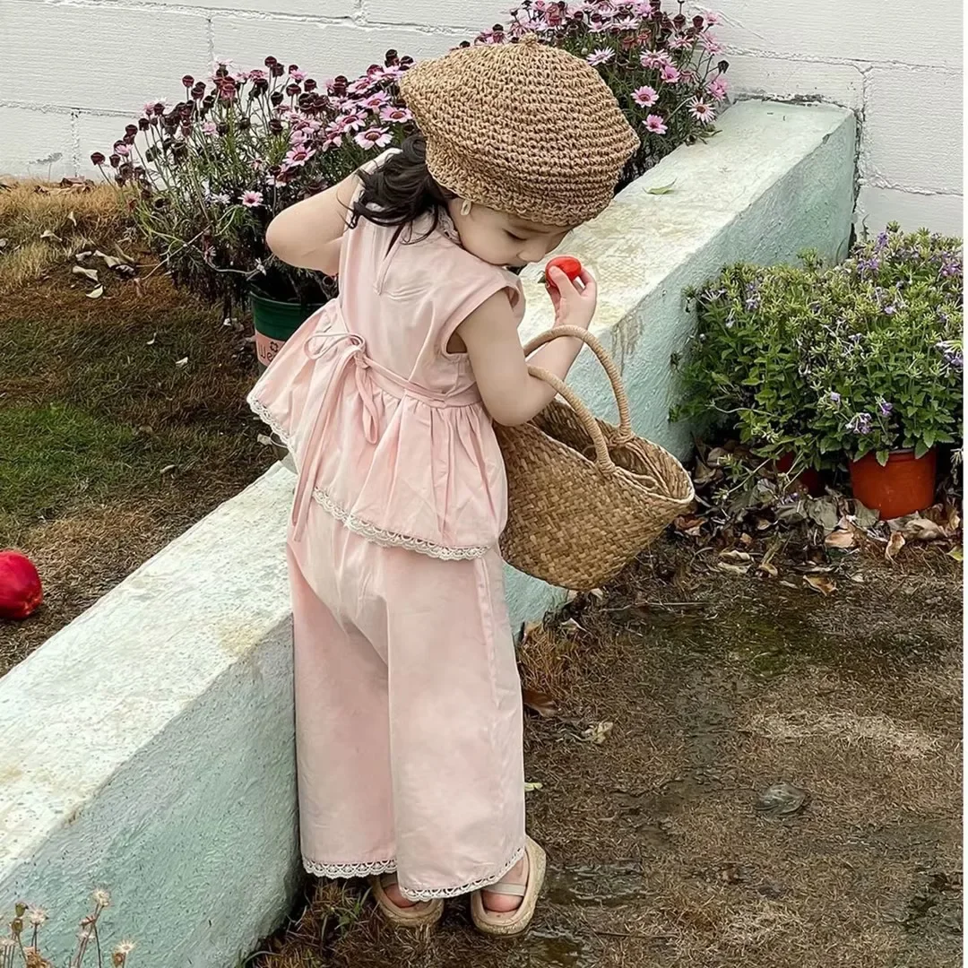 

Children's Clothing Set 2024 Summer New Girl Sweet Pink Baby Lace Edge Sleeveless Two-Piece Set