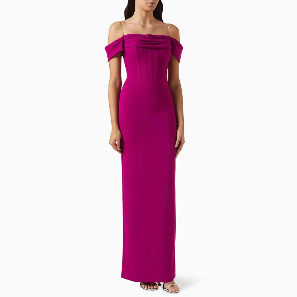 

Women's Evening Dress Fuchsia Transparent Spaghetti Straps Gowns Long Off the Shoulder Backl Slit Column Prom Dresses