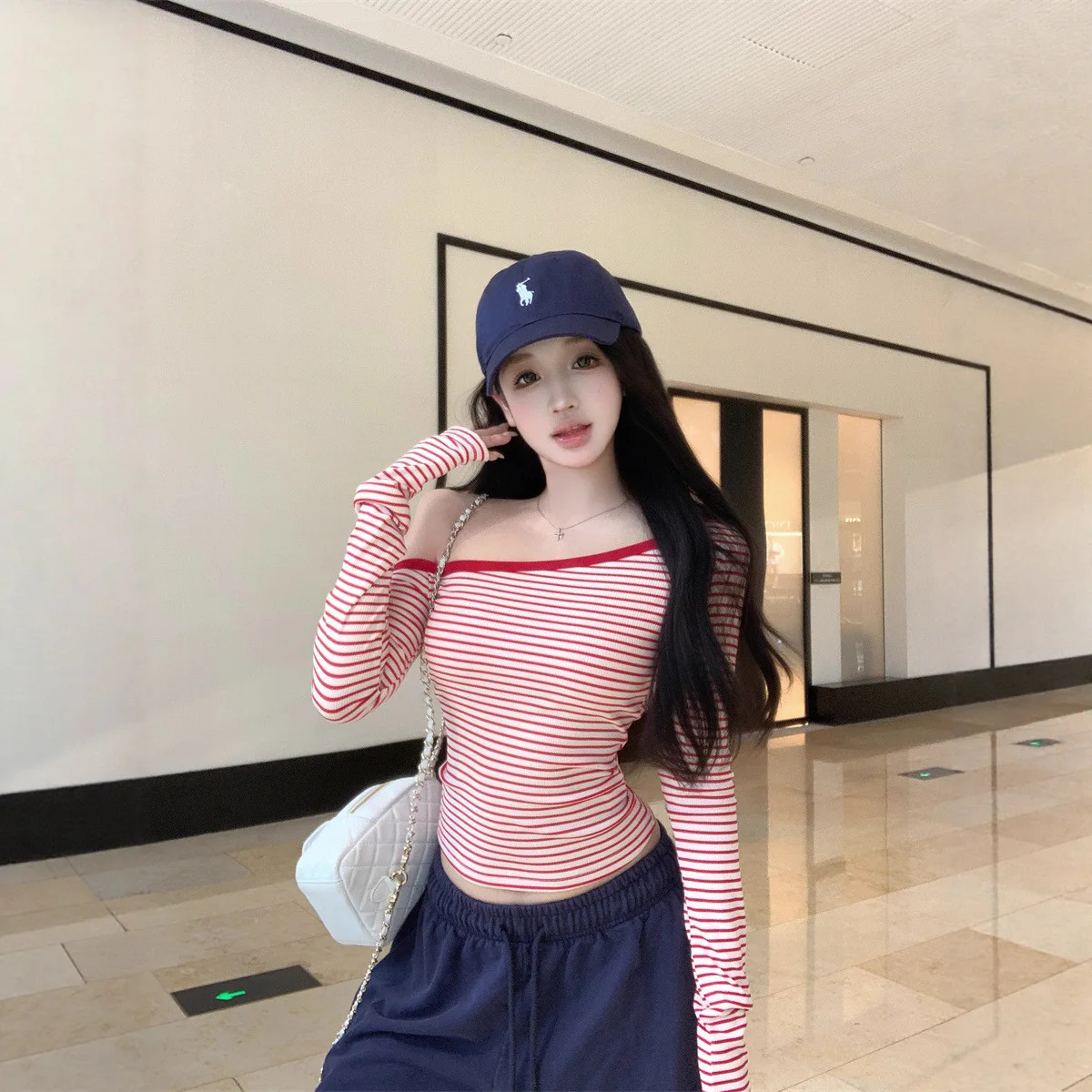 Red Striped Long Sleeve Women T Shirt Autumn Spring