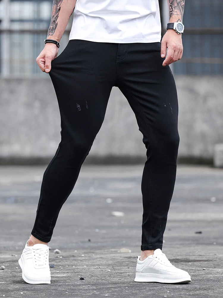 New 2023 Men Tight Denim Trousers Scratches Black Elastic Slim Small Foot Pants Motorcycle Sports Street Casual Character Jeans graffiti jeans men s autumn street fashion   tight trousers trousers trendy handsome straight all matching ripped pants