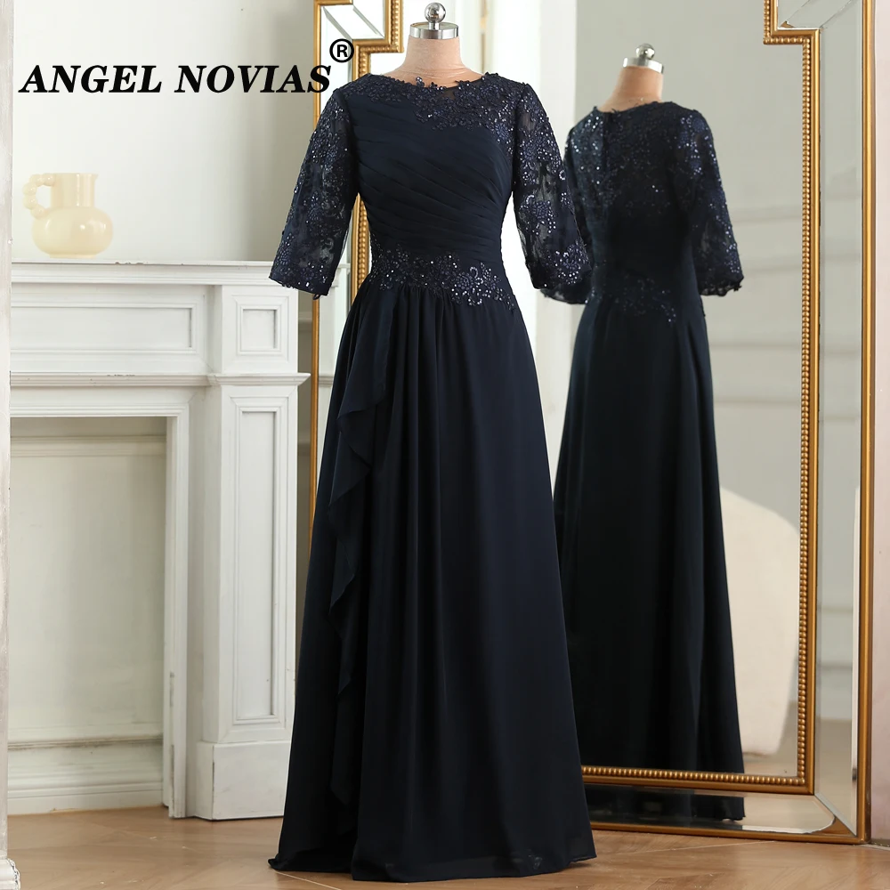 

Real Picture Long Navy Navy Mother of the Bride Dress 2023 with Sleeves Wedding Party Dress Vestido Madre De La Novia 97115