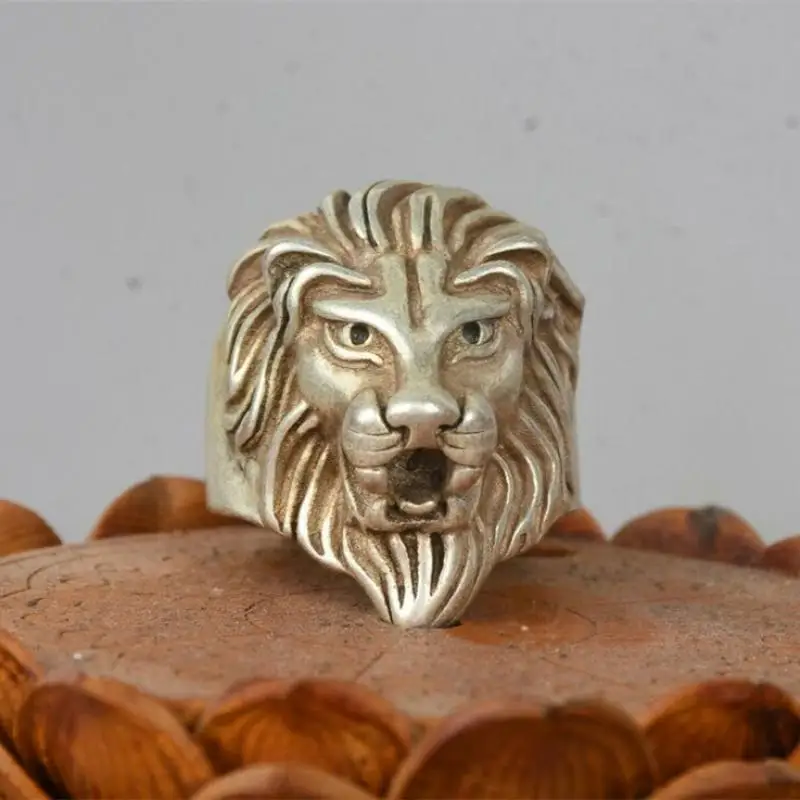 3.3Cm Old Chinese Miao Silver Lion Leo Head Beast Jewellery Hand Ring