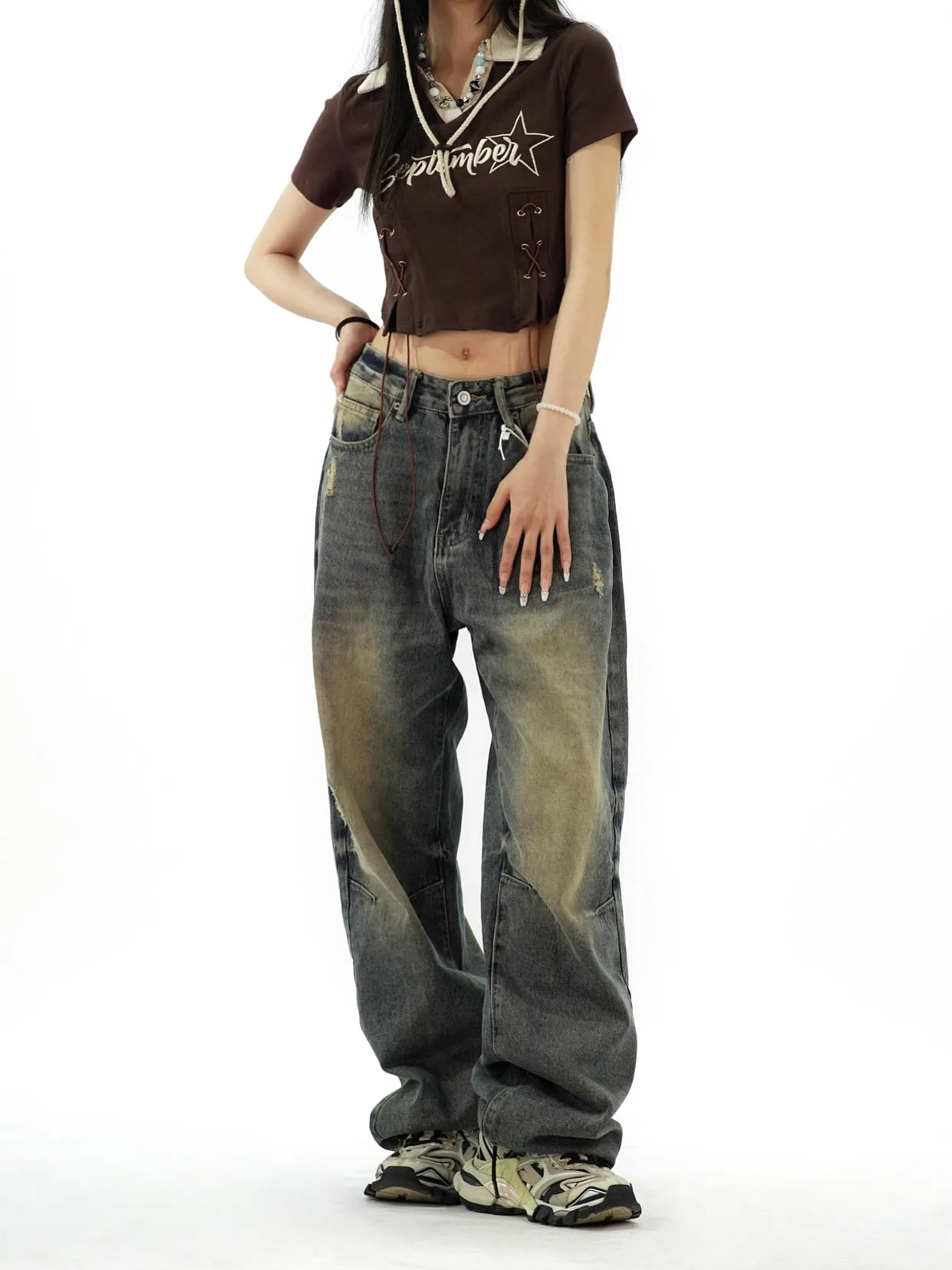 WCFCX STUDIO Y2K Distressed Baggy Jeans Women Vintage 90s