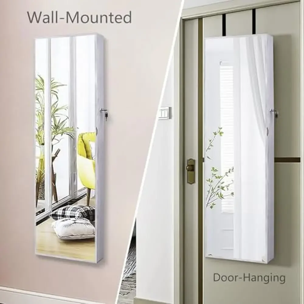 LED Lighted Wall-Mounted Jewelry Armoire Cabinet Organizer with Full-Length Mirror White Wood Storage Solution 5