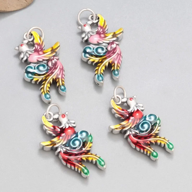 100% 999 Silver Enamel Peacock Pendant For Women Charms For Bracelet Retro 3D Colorful Bird DIY Material Jewelry Making DZ019