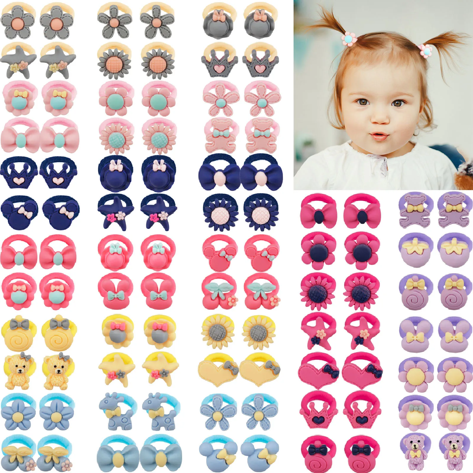 96PCS Girl Hair Rubber Bands Kawai Ties Flower Animal Star Shape Hair Accessories Cartoon Elastic Ropes Children Ponytail Holder farm cow shower curtain floral plant leaf sunflower flower animal print rustic farmhouse bath decor fabric bathroom curtain hook