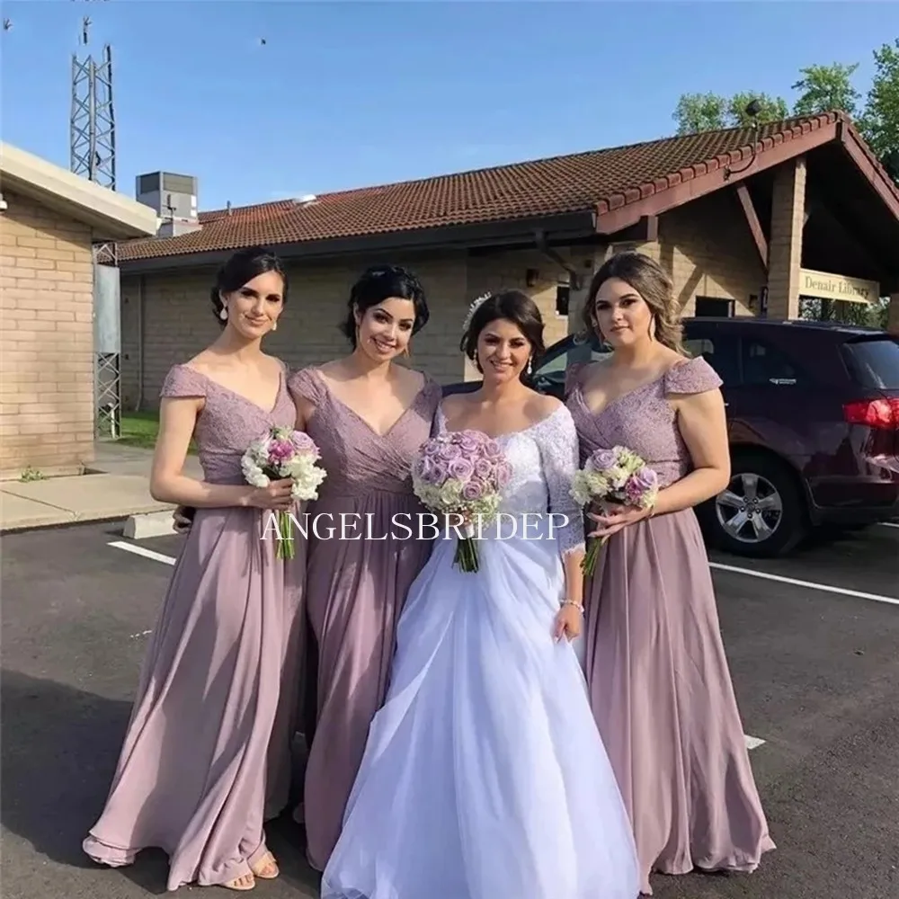 

Дешевые платья подружек невесты Angelsbridep с V-образным вырезом, шифоновые кружевные платья с длинным рукавом для женской свадебной вечеринки, платья для женщин