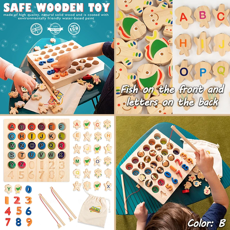Kids Wooden Montessori Magnetic Fishing Toys Learning Alphanumeric Colors Matching Sorting Interactive Game Early Education Toys