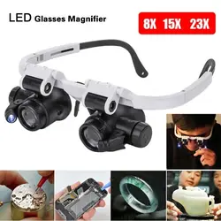 Glasses Magnifier 8x 15x 23x Jeweler Watchmaker Headband Magnifying Glasses LED Light Optical Glass Tool Repair Reading Magnifie