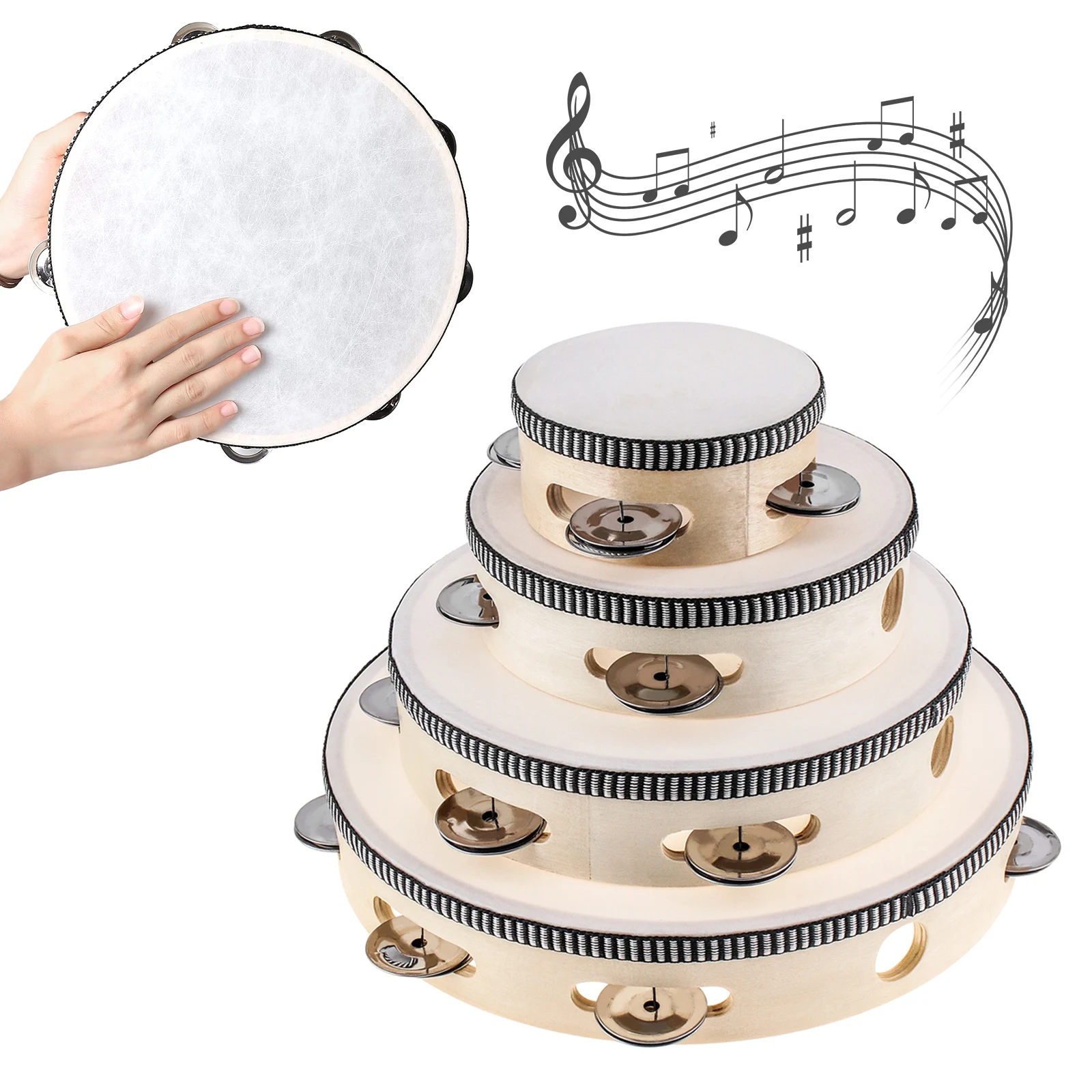 

4pcs 4 6 8 10 inch Wood Tambourine Hand Held Single Row Metal Jingles Handbell Hand Drum Musical Percussion Instrument Gift