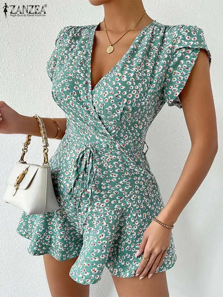 

ZANZEA Women Cinched Waist Short Jumpsuits Fashion Floral Rompers 2023 Summer Wrapped V Neck Short Bud Sleeve Bohemian Overalls