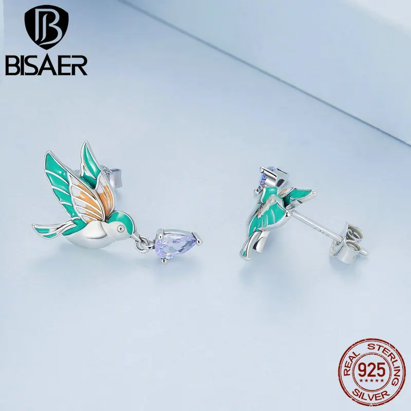BISAER 100% 킹피셔 쥬얼리 세트, 새 팔찌, 오픈 링 스터드 귀걸이, 보라색 지르콘, 여성용 파티 선물