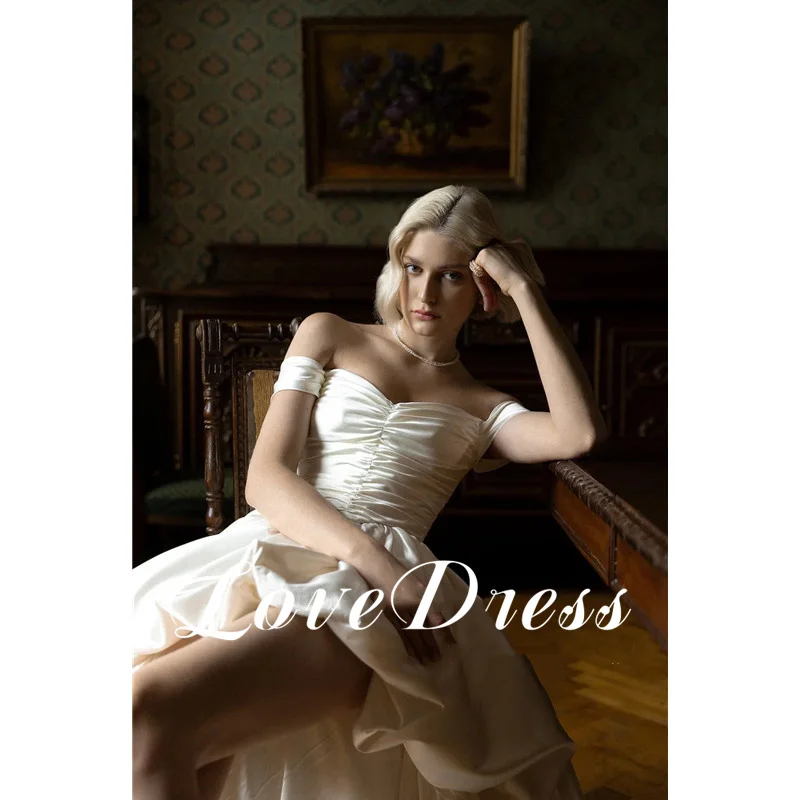 Vintage High/Low Satin Wedding Dresses Simple Off the Shoulder